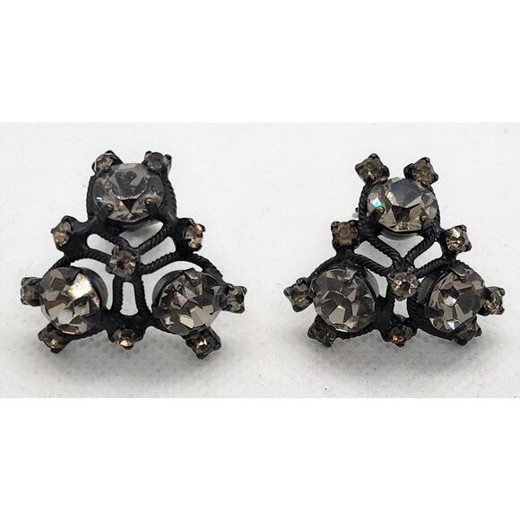 Earrings-Clip On-Vintage Joseph Warner-Black Metal-Dark Rhinestones - Picture 4 of 10